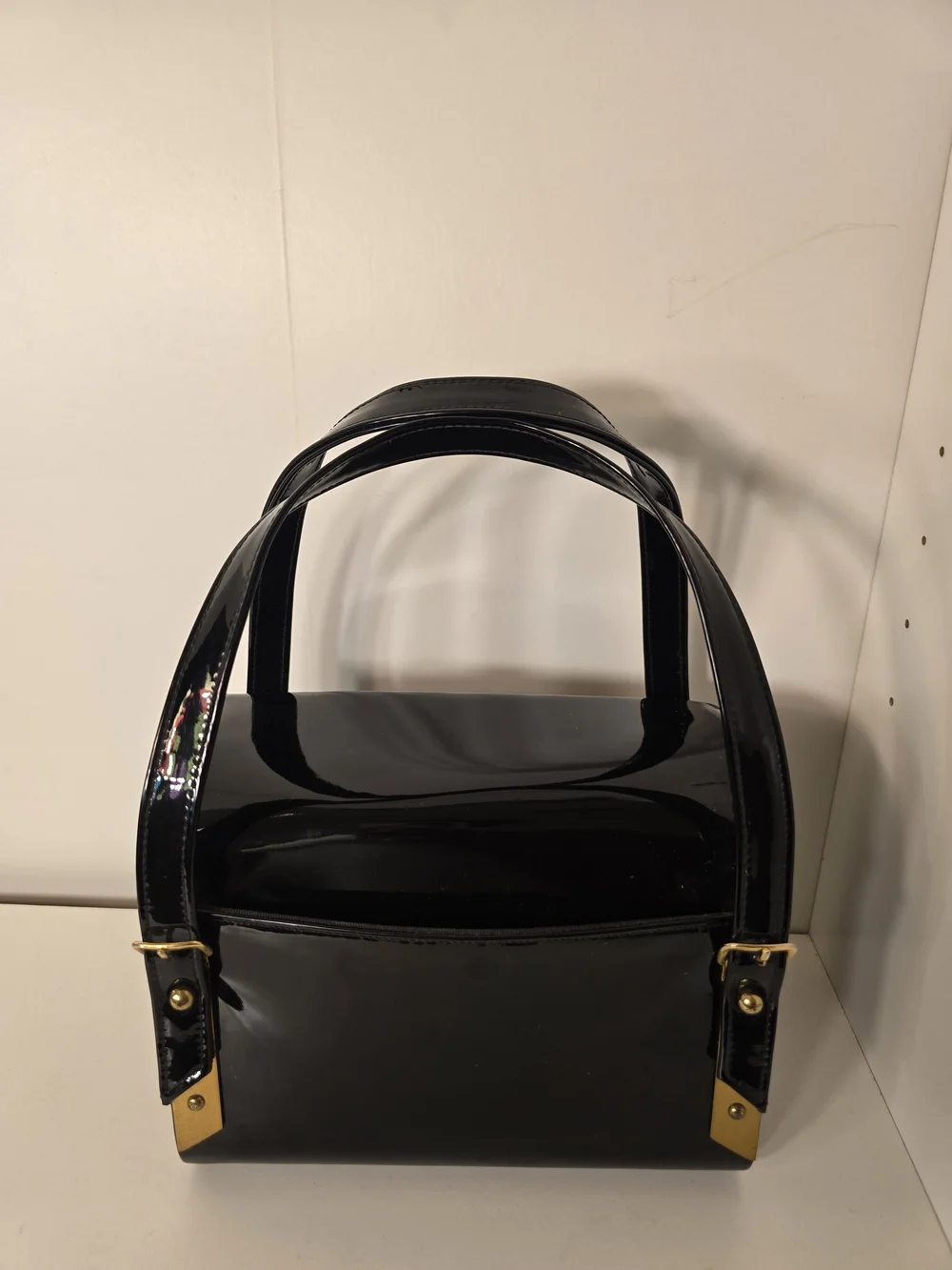 Vintage Black Patent Structured Box Handbag with Dual Handles